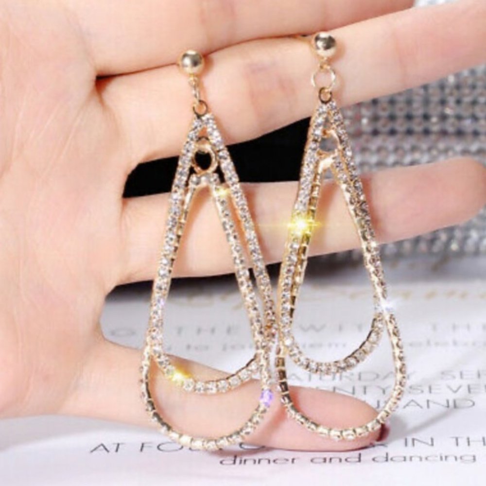 NEW Gold Round Diamond Double Tear Drop Earrings - Picture 8 of 9